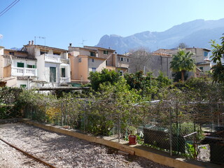 Fototapeta na wymiar Houses and gardens in Soller, Mallorca, Balearic Island, Spain, with the Tramuntana mountains in the background