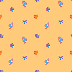 Fototapeta na wymiar Vector pattern with multicolored hearts in hippie style, love, romance, stylish modern illustration for posters, gift wrapping, clothes, teenagers.