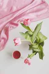 spring still life with fresh pink tulips, home decor.