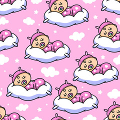 Cute Newborn Sleeping on Pillow Seamless Pattern