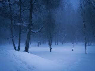 Dark winter forest at dawn. Morning mist enveloped the fabulous snow-covered forest. Slhouettes of trees on a background of snow. 