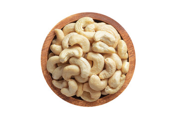 cashew nuts peeled raw in wooden bowl isolated on white background. Vegan food, top view.