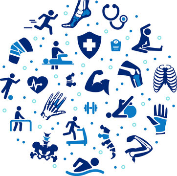 Sports medicine / rehabilitation vector illustration. Blue concept with icons related to orthopedic treatment of skeletal injury or trauma, rehab therapy, physiotherapy, medical assisted training.