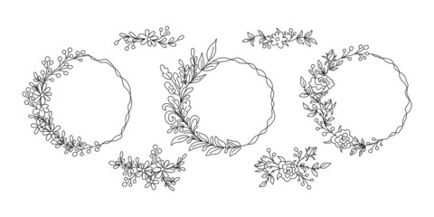 Obraz premium Floral frames. Set of outline floral decor for greeting wedding invitations. Hand drawn illustration
