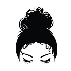 Hand-drawn girl with messy curly hairstyle - hair bun. Mom lifestyle clip art for prints