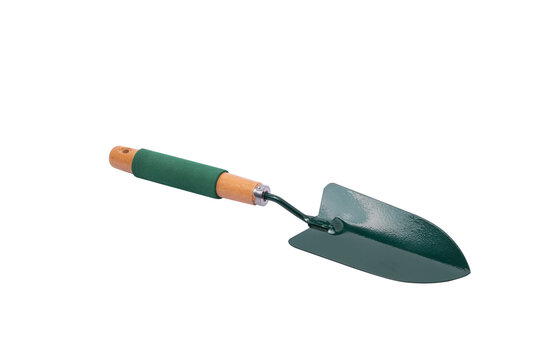Garden trowel in isolated with clipping path.A tool for scooping, splashing, or scooping up soil, similar to a pickaxe, but larger, flat in shape, with a long handle