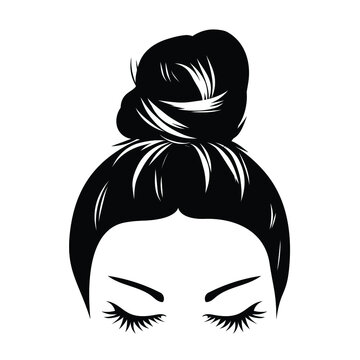 Hand-drawn girl with messy hairstyle - hair bun. Mom life style clip art for prints
