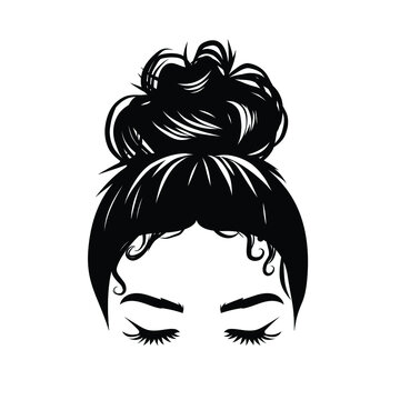 Hand-drawn girl with messy curly hairstyle - hair bun. Mom lifestyle clip art for prints