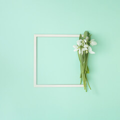 Snowdrops flowers on a white square frame and green background. Minimal copy space flat lay.