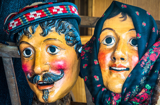 Mittenwald, Germany - February 19: typical historic wooden mask to drive out the winter called 'maschkera' in Mittenwald on February 19, 2022