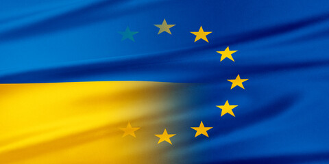 Flag of Ukraine and the flag of the European Union. 3d Rendering.