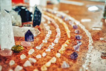 Healing Crystal Bundle, Crystal Healing Decor. Heap of various colored gems.