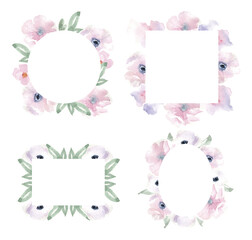 Watercolor card with simple flowers isolated card on white background watercolor green leaves watercolor simple anemones for wedding for invitation, greeting cards, date, decorations.