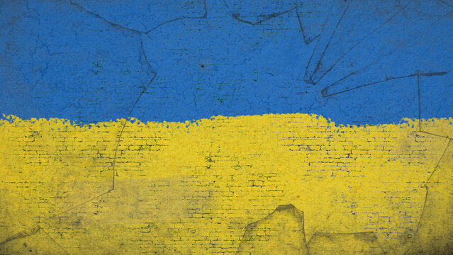 dush of Ukraine flag illustration, the concept of tense diplomatic relations two countries between Russia and Ukraine, Wall brush color and crash glass
