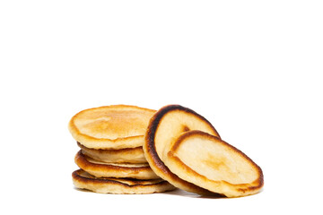 Stack of tasty pancakes on white background.