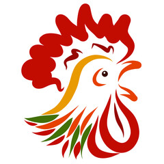 colorful head of a rooster crowing with its beak open