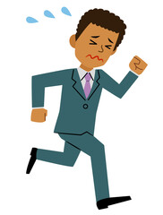 Black businessman running while sweating