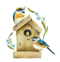 Bird on a birdhouse. Pattern with bird and chick. Watercolor hand drawn illustration - 490121721