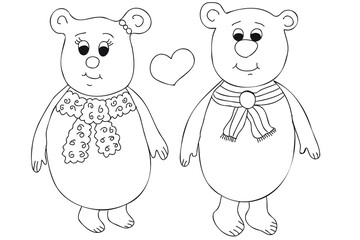 Black and white vector illustration. Bears in love line art, outline drawing. Cute boy and girl bears with scarfs black contour illustration.