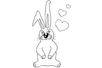 Bunny in love outline, line art vector illustration with black thin line. Black and white linear illustration rabbit with hearts. Romantic line art illustration.