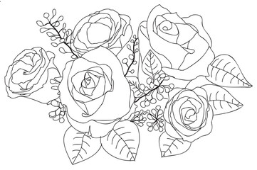 Line art roses bouquet, roses with black thin line, outline ornate illustration, floral bouquet contour drawing.