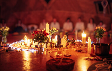 Crystal Healing Decor. Ceremony space with people.