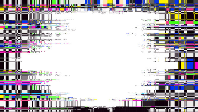 Glitch frame. Display error background. Glitch screen border. Computer screen digital noise. TV signal fail.