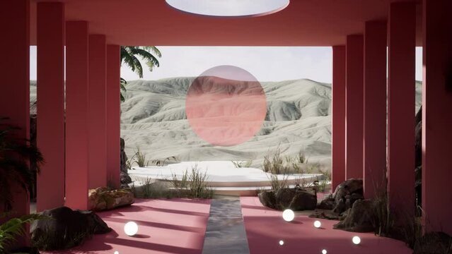 3D Animation of surreal desert landscape with nature