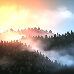 Beautiful coniferous forest with fog at sunset  © tashechka