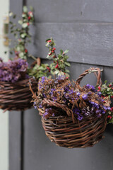 dried purple flowers in a wicker basket with green leaves and red berries close-up