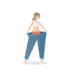Women body shape Slim holding oversize big Pants,Before and after burn fat belly weight loss,diet program,healthy lifestyle,Vector illustration.