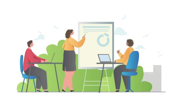 Business and Entrepreneurship video concept. Moving employees sitting in workplace, listening to lecture on accounting. Professional and career development course. Flat graphic animated cartoon