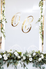 Fototapeta premium Beautiful wedding arch of flowers for the newlyweds. Decoration on a holiday