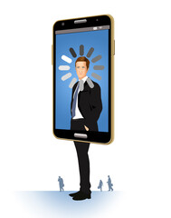 A career that has stalled and going nowhere is illustrated here. A man inside a cellphone has a spinning wheel icon around his face to indicate a stalled situation and no visible progress.