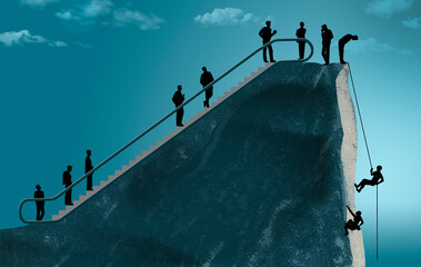 Using an escalator is the easy way to the top of a mountain while climbing on ropes is the hard way in this 3-d illustration.