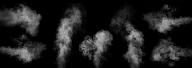 A set of seven different types of swirling, writhing smoke, steam isolated on a black background...