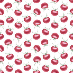 Watercolor tomatoes seamless background. Hand-drawn tomato illustration. Harvest clipart. Fresh object wallpaper. For card, wallpaper, poster, banner, restaurant menu, kitchen textile.