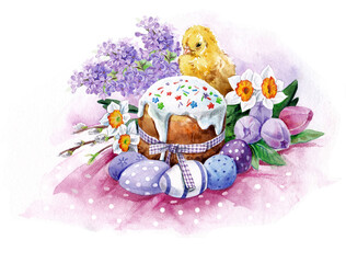 Watercolor Chicken and cake with spring flowers and colorful Easter eggs with polka dots  isolated on white background. Bouquet of tulips, daffodils and willow , lilac.
