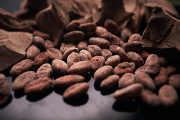 Cocoa beans and chocolate on dark background, close up