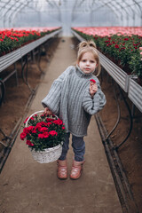 Fototapeta na wymiar Happy cute adorable blondie caucasian girl with flowers in greenhouse
