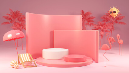 3d rendering box podium palm leaves with summer background.