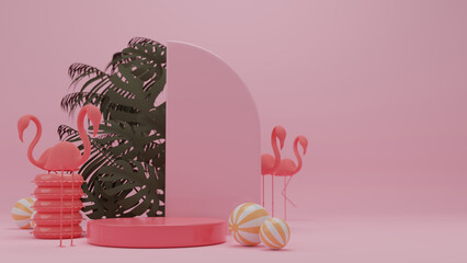 3d rendering box podium palm leaves with summer background.