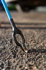 A close up of a cigarette butt that has been picked up by a litter picker. Litter pick, rubbish, environmental concept