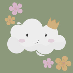 Cute Cloud Character Illustration with Crown, Vector Illustration, Kids Illustration