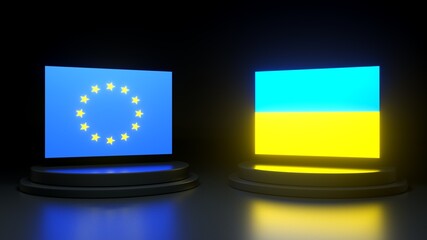 Flag of Ukraine and European Union on a dark background. International situation theme. Ukraine's accession to the European Union. Ukraine and Russia conflict. Diplomatic relations. 3d rendering
