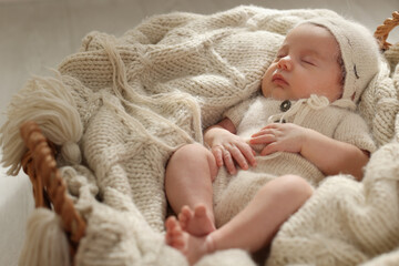 Adorable newborn baby sleeping in wicker basket