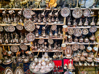 Turkish copper jars on sale at the traditional shop in Cappadocia, Turkey.