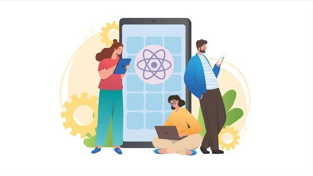Mobile app development process video concept. React native. Moving men and women with devices stand next to smartphone and create application using open source platform. Flat graphic animated cartoon