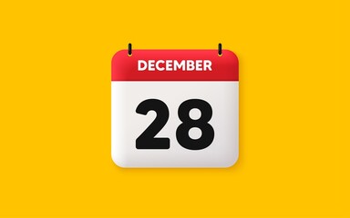 Calendar date 3d icon. 28th day of the month icon. Event schedule date. Meeting appointment time. Agenda plan, December month schedule 3d calendar and Time planner. 28th day day reminder. Vector