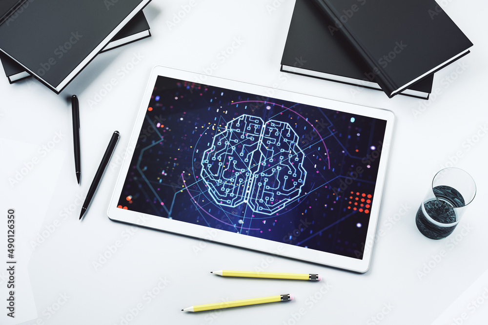 Leinwandbilder Top view of modern digital tablet screen with creative human brain microcircuit. Future technology and AI concept. 3D Rendering